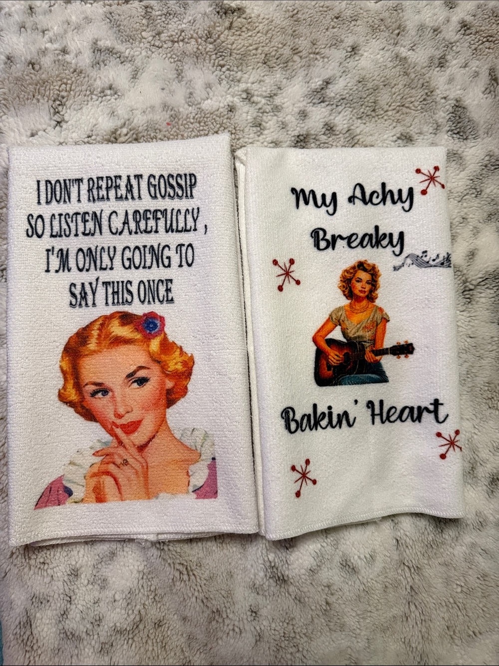Vintage Style White Printed Humorous Kitchen Towels - Set of 2